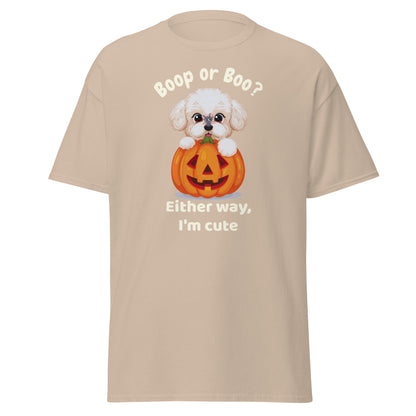 Halloween t-shirt with a cute Bichon Frise puppy inside a carved pumpkin and the text “Boop or Boo? Either way, I'm cute” printed on a beiger unisex classic tee – perfect gift for dog lovers.