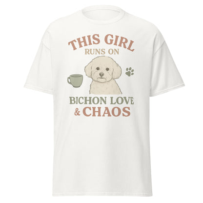 This Girl Runs on Bichon Love & Chaos – Funny Dog Mom T-Shirt for Women