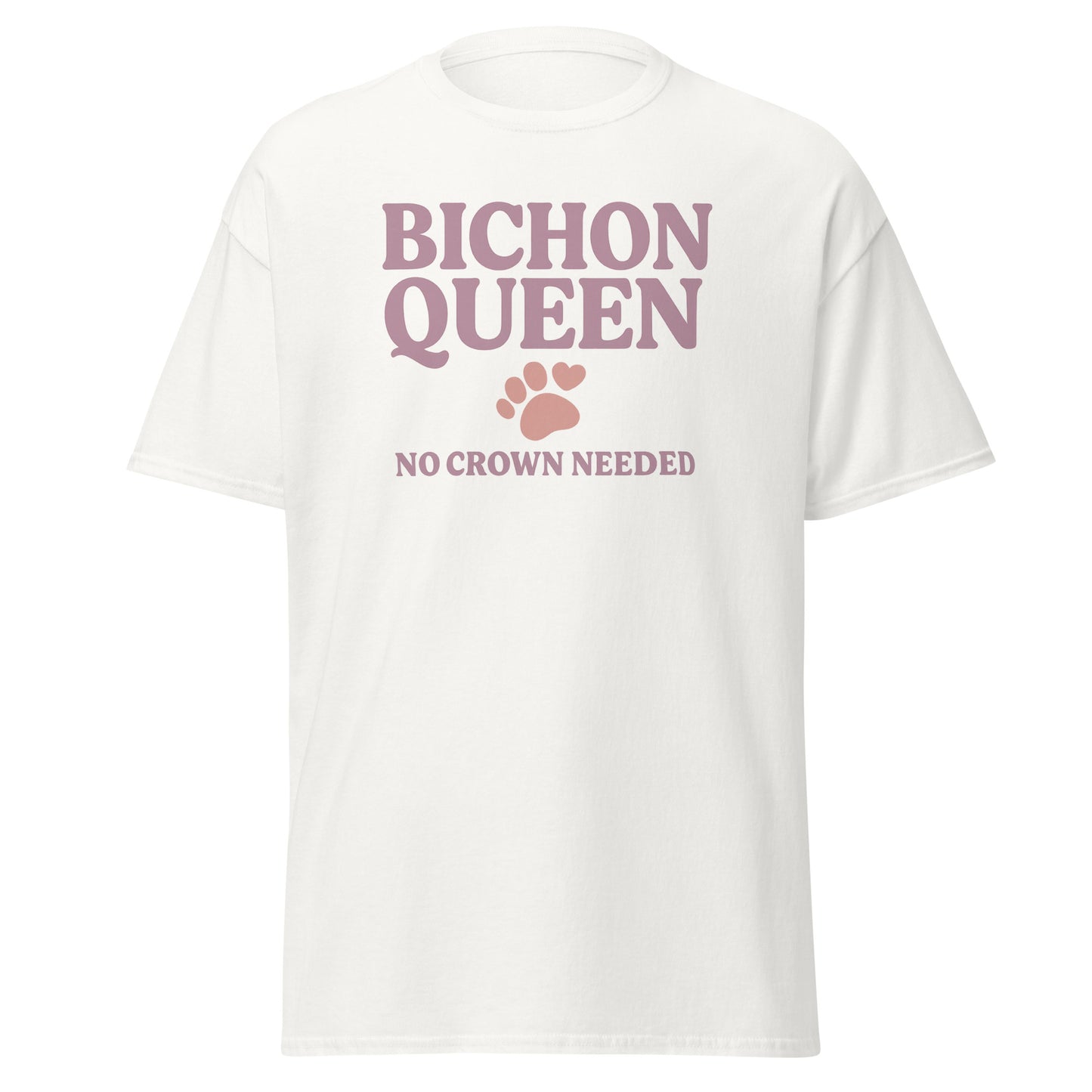 Retro-style design that reads "Bichon Queen – No Crown Needed" in dusty rose text with a cute paw print and heart. Perfect for dog lovers and Bichon Frise fans.