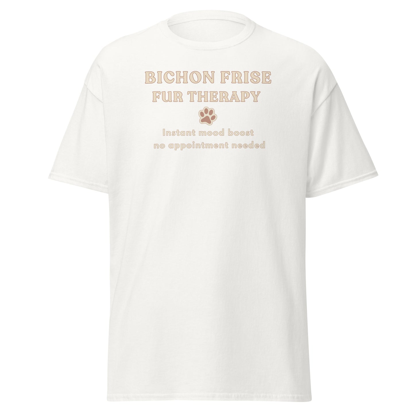 White Bichon Frise Fur Therapy t-shirt with ‘Instant Mood Boost, No Appointment Needed’ slogan, soft cotton dog lover apparel mockup