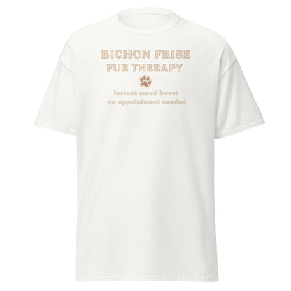 White Bichon Frise Fur Therapy t-shirt with ‘Instant Mood Boost, No Appointment Needed’ slogan, soft cotton dog lover apparel mockup