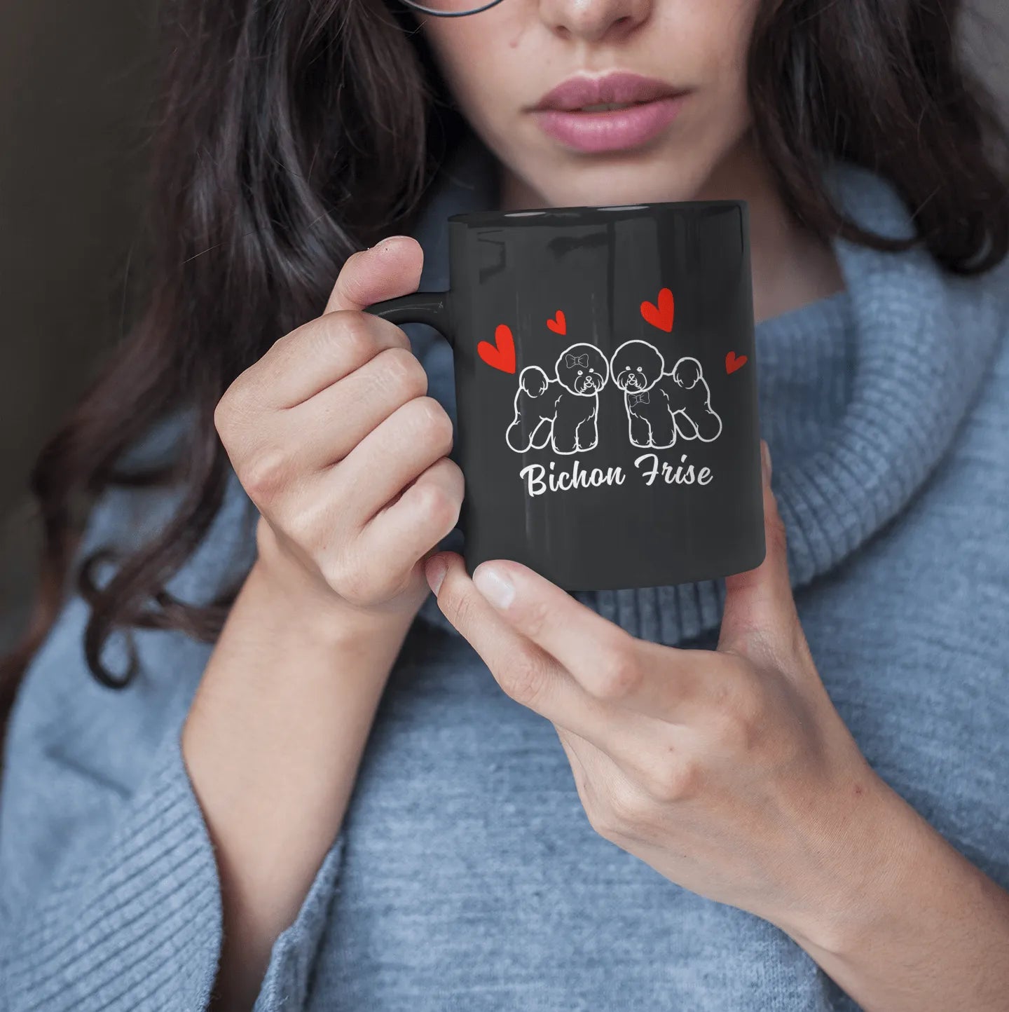 Valentine's Day Bichon Frise Red Hearts Design-Black Glossy Mug for Bichon Frise dog owners
