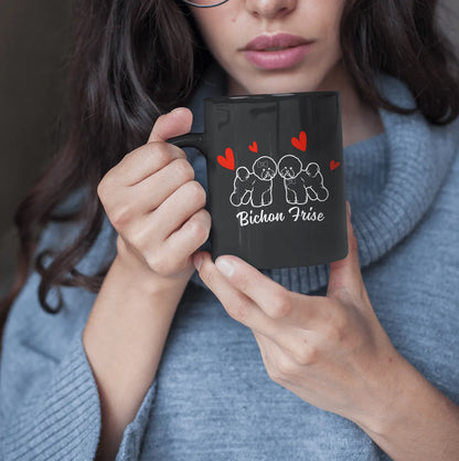 Valentine's Day Bichon Frise Red Hearts Design-Black Glossy Mug for Bichon Frise dog owners