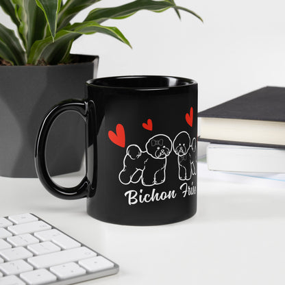 Valentine's Day Bichon Frise Red Hearts Design-Black Glossy Mug for Bichon Frise dog owners
