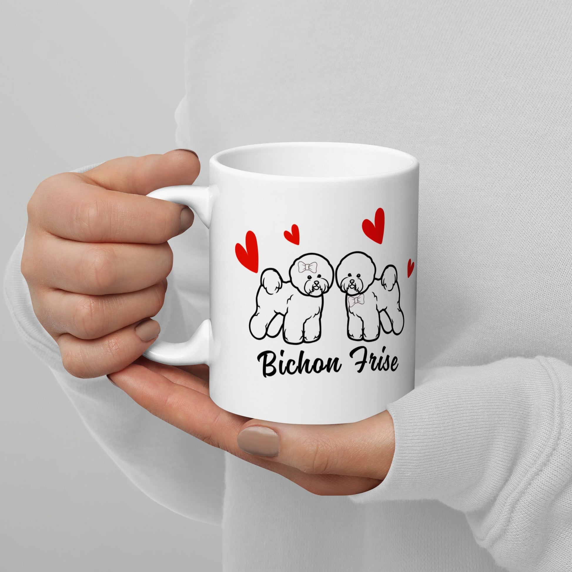 Valentine's Day Bichon Frise Red Hearts Design-White glossy mug for Bichon Frise dog owners