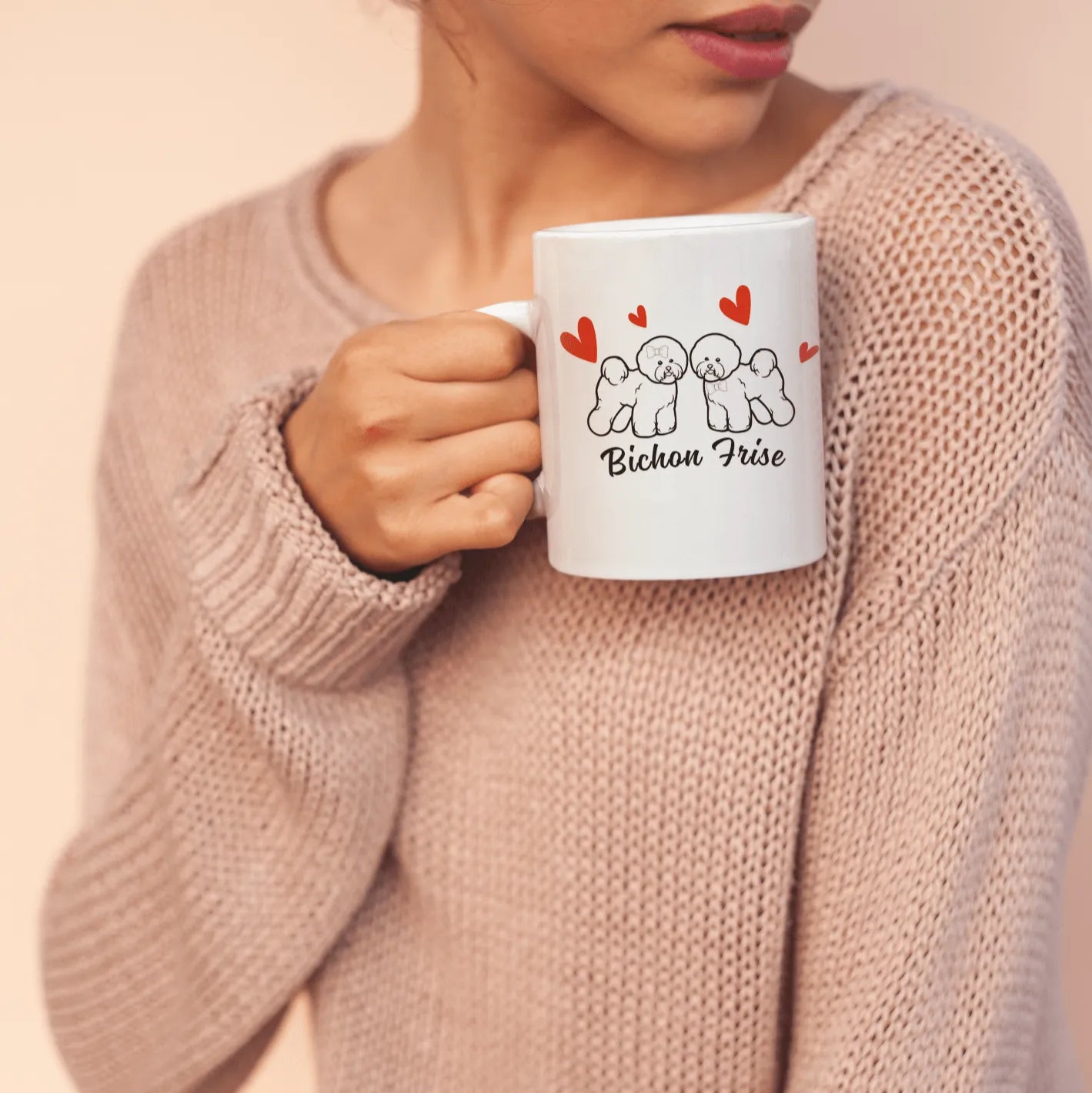 Valentine's Day Bichon Frise Red Hearts Design-White glossy mug for Bichon Frise dog owners