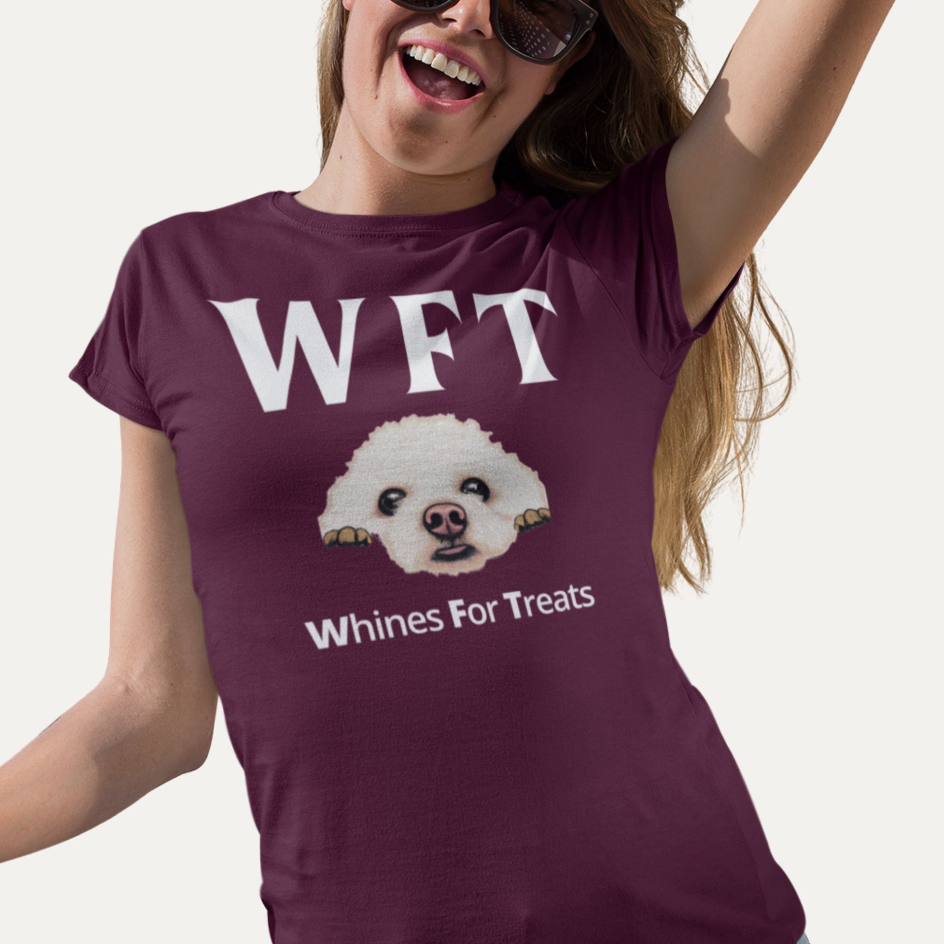 WFT – Whines For Treats Bichon Frise funny burgundy T-shirt, cute dog lover gift for bichon owners