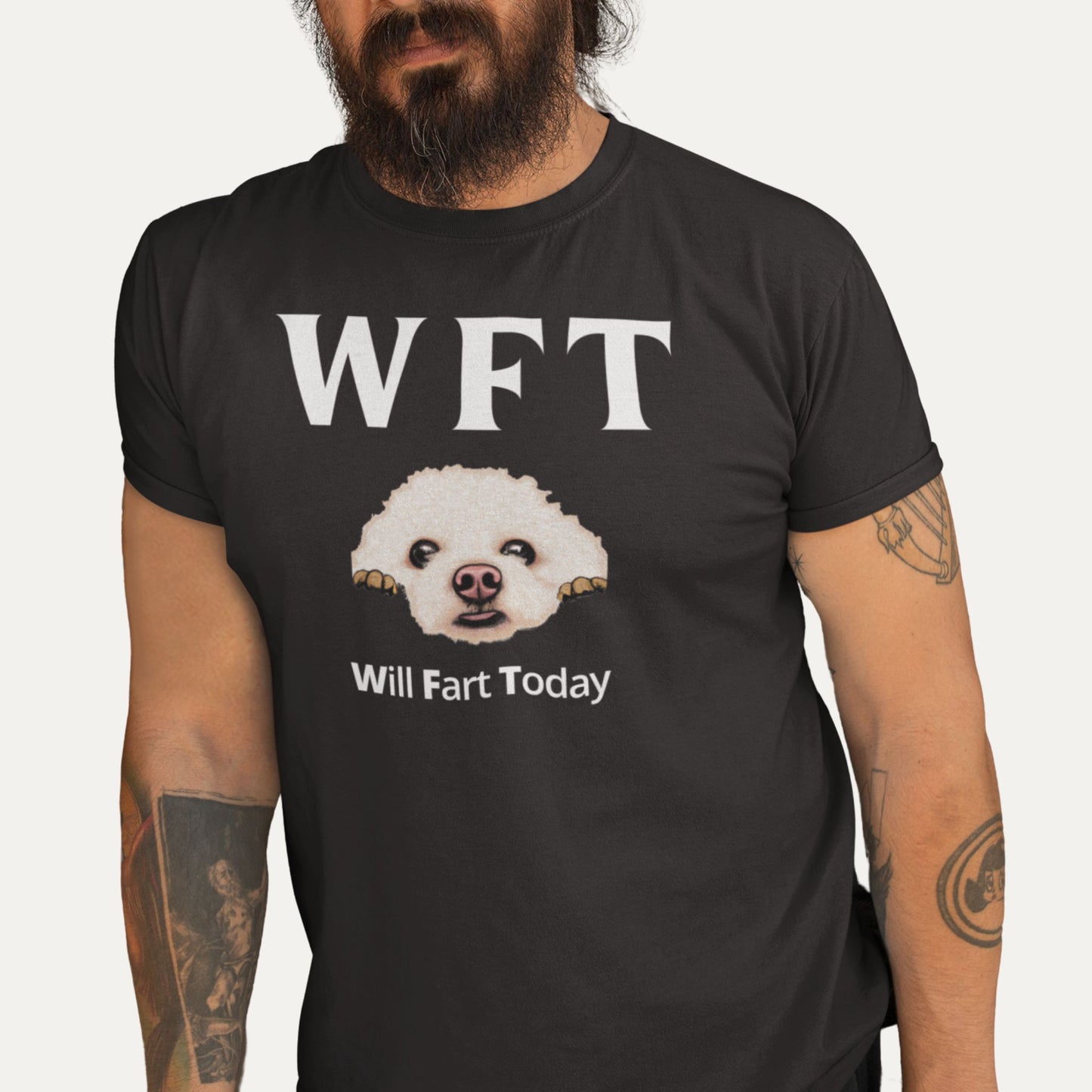 WFT – Will Fart Today Bichon Frise funny black T-shirt, hilarious gift for dog lovers and Bichon owners